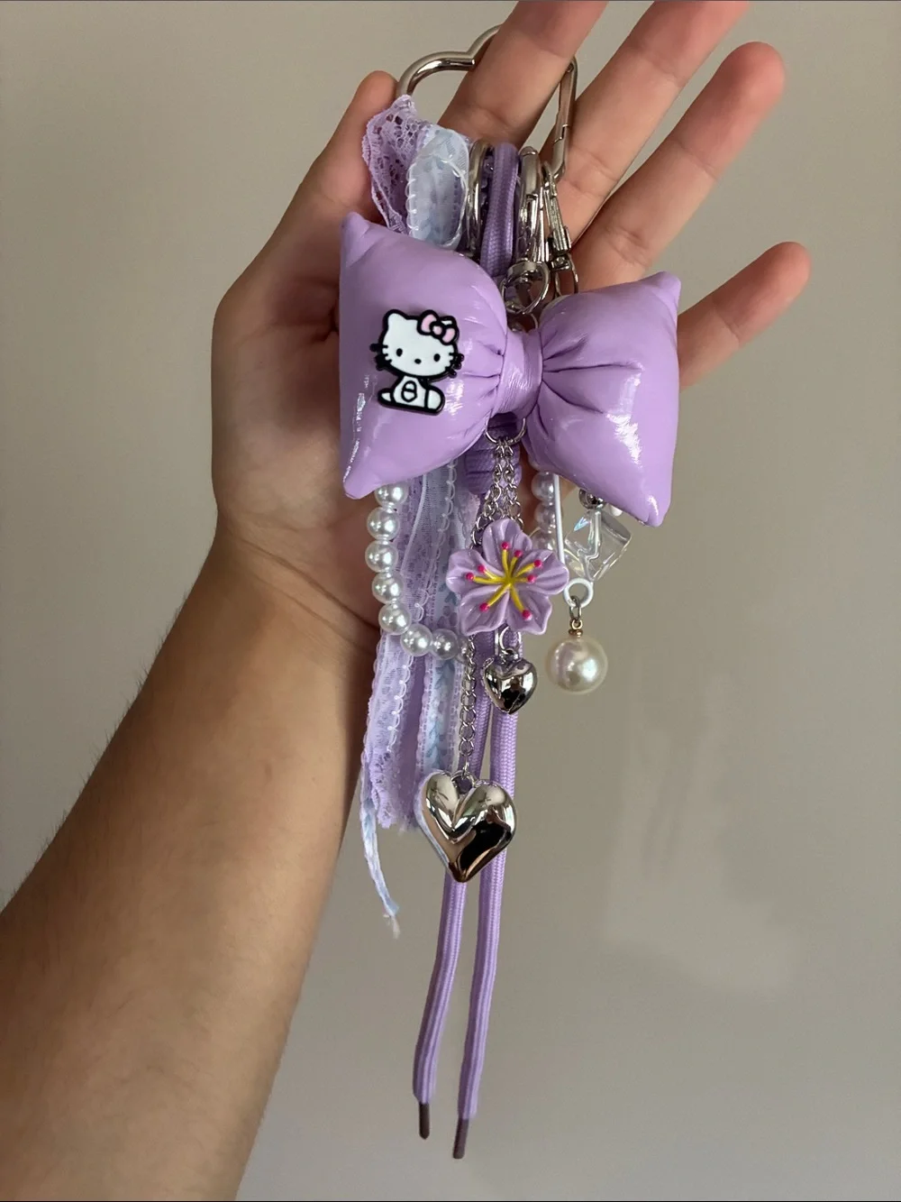 Hello Kitty Lavender Bow Bag Charm with Pearls & Hearts